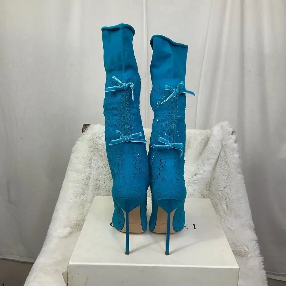 NEW Casadei Women's Blue Knee-High Knit Lace Bow Boots Size 35 US 5 - Picture 4 of 15